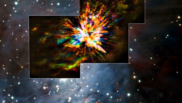 Das stellare Feuerwerk im Sternbild Orion (Bild: ALMA (ESO/NAOJ/NRAO), J. Bally/H. Drass et al.)