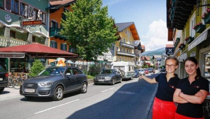 Anja und Sandra vom Café Maier in Golling sahen in der Mittagspause die Autoschlange. (Bild: Gerhard Schiel)