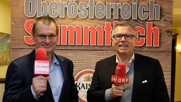 Harald Kalcher (links) und Reinhard Waldenberger laden zum Stammtisch. (Bild: Kronen Zeitung/ Chris Koller)
