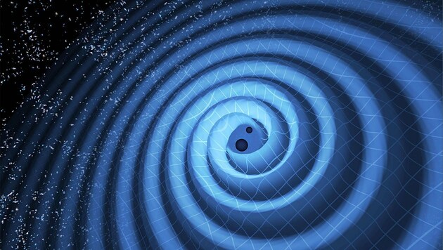 Illustration: Zwei Schwarze Löcher erzeugen Gravitationswellen (Bild: LIGO)