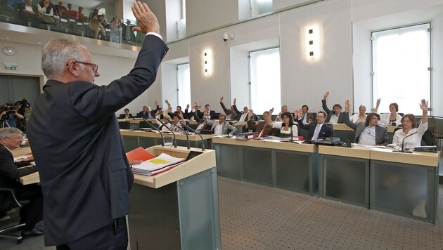 Landtagspräsident Reinhart Rohr (li.) bei der Abstimmung über die neue Landesverfassung (Bild: APA/GERT EGGENBERGER)