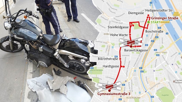 Über mehrere Kilometer ging die Verfolgungsjagd von der Grinzinger bis zur Gymnasiumstraße. (Bild: LPD Wien, "Krone"-Grafik)