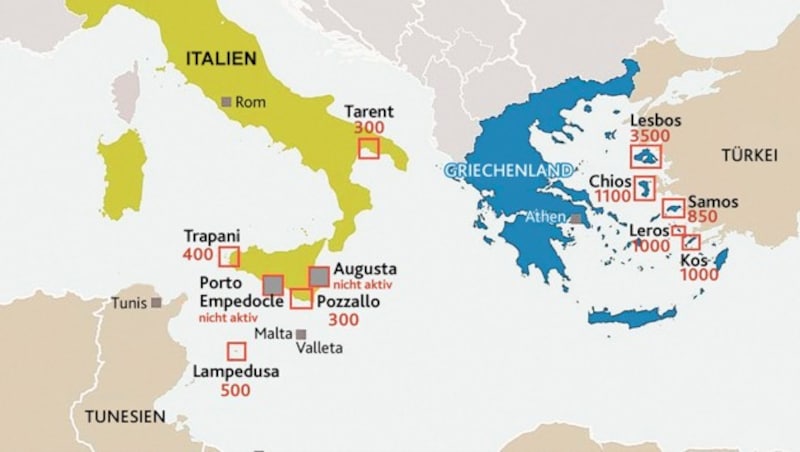 Hotspots und Kapazitäten: In Porto Empedocle und Augusta sind die Zentren noch nicht in Betrieb. (Bild: "Krone"-Grafik)