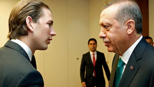 Kurz und der türkische Präsident Erdogan nach dessen Wahlkampfauftritt in Wien 2014 (Bild: APA/DRAGAN TATIC)