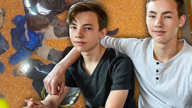 Jonathan (16, re.) rettete seinem kleinen Bruder Samuel (13) das Leben. (Bild: Markus Wenzel, FF Freiling/Buschek Sebastian)