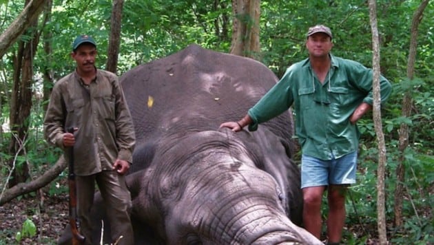 Theunis Botha (re.) mit einem erlegten Elefanten bei einer vergangenen Safari (Bild: Theunis Botha Big Game Hounds Safaris)