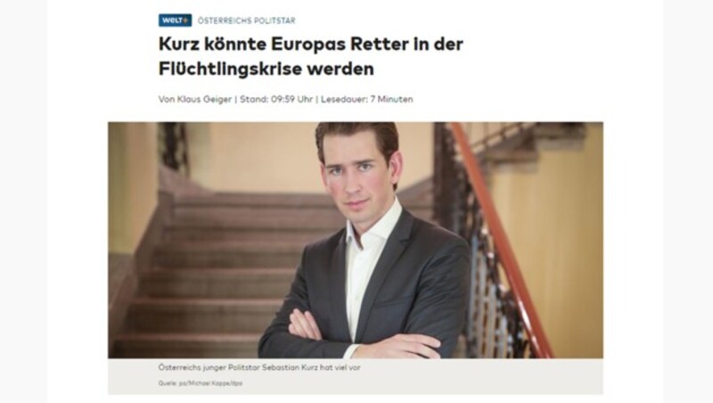Sebastian Kurz als "Retter Europas" auf welt.de (Bild: welt.de)