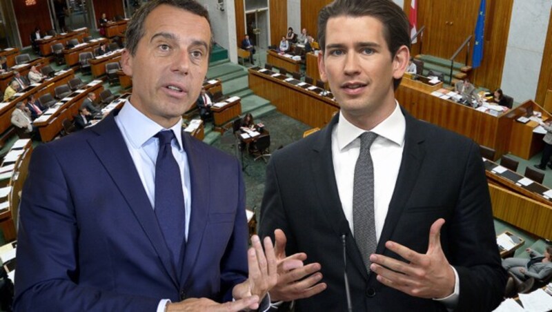 SPÖ-Kanzler Christian Kern, Neo-ÖVP-Chef Sebastian Kurz (Bild: APA/HERBERT NEUBAUER, AP, APA/ROLAND SCHLAGER)