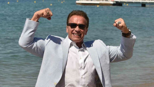 "Steirermen san very good": Arnie ließ in Cannes am Strand seine Mukis spielen. (Bild: Starpix/Alexander Tuma)