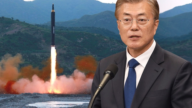Südkoreas Präsident Moon sieht in dem jüngsten Raketentest einen weiteren Schritt Richtung Krieg. (Bild: AP)