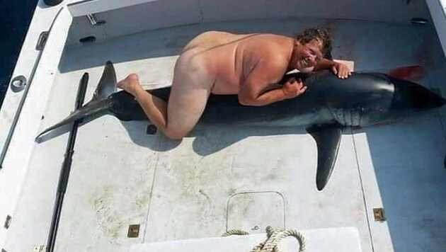 Wer tut so was? Das Netz jagt den Mann auf diesem ekelhaften Hai-Foto. (Bild: Twitter.com)