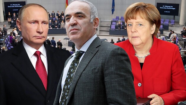Putin, Kasparow, Merkel (v.li.) (Bild: AFP/dpa, AFP, AP)