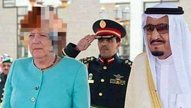 Zu absurd, um wahr zu sein: Angela Merkel mit "Pixel-Hijab" in Saudi-Arabien (Bild: facebook.com)
