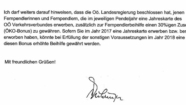 Ein aktueller Brief mit der Unterschrift Pühringers, der längst nicht mehr Landeshauptmann ist. (Bild: Werner Pöchinger)
