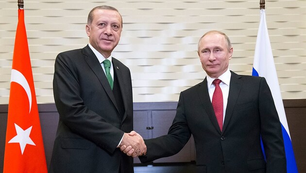 Eines der zahlreichen Händeschüttel-Fotos, die von Erdogan und Putin in Sotschi gemacht wurden (Bild: AFP)