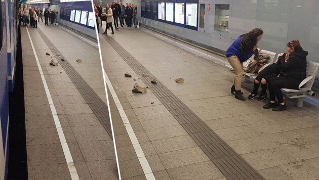 Die Betonbrocken fielen auf den Bahnsteig 2, eine Frau brach in Tränen aus. (Bild: twitter.com/Stephan Ullrich)