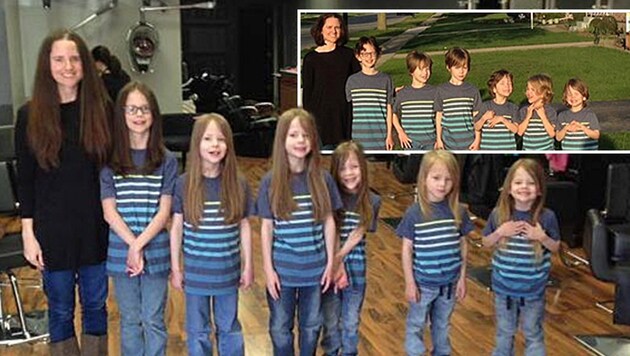 Bilder von Phoebe Kannisto und ihren sechs Söhnen vor und nach dem Friseurbesuch. (Bild: facebook.com)