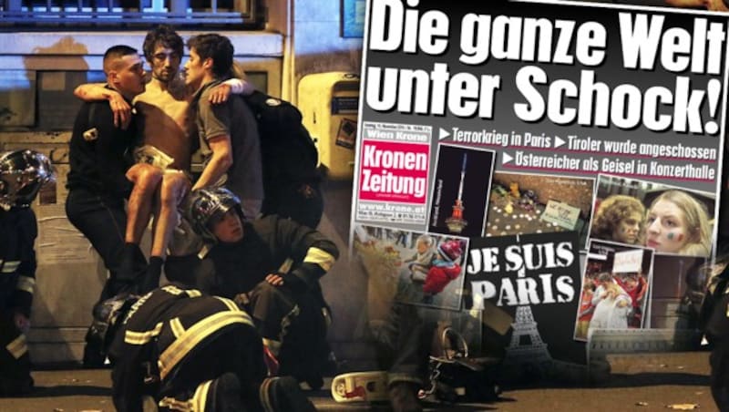 Die „Krone“ Ausgabe zu den Attentaten in Paris im November 2015. (Bild: REUTERS/CHRISTIAN HARTMANN, Kronen Zeitung)