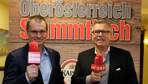 "OÖ-Krone"-Chefredakteur und ORF OÖ-Programmchef Reinhard Waldenberger (von links) moderierten. (Bild: Kronen Zeitung/ Chris Koller)