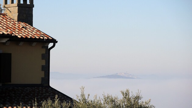 Hier taucht die Stadt Motovun auf ihrem 277 m hohen Hügel aus dem Nebel auf. (Bild: Stephan Schätzl)