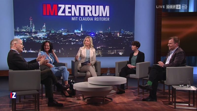 V.l.: Anton Pelinka, Eva Glawischnig, Claudia Reiterer, Flora Petrik, Rudolf Fußi (Bild: Screenshot ORF)