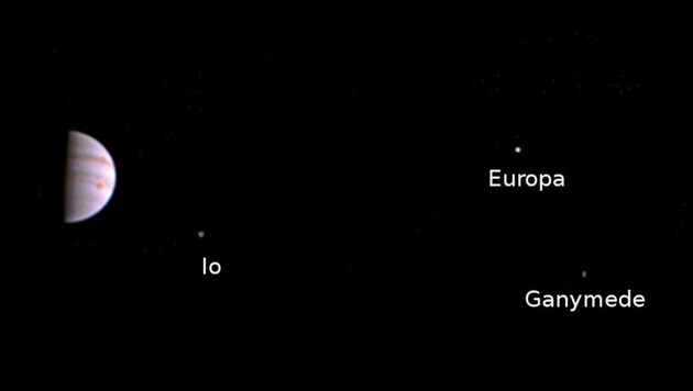 Jupiter (links) und drei seiner vier größten Monde (Bild: NASA/JPL-Caltech/SwRI/MSSS)