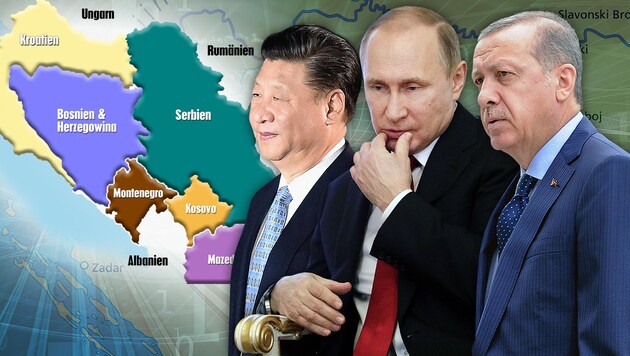 Mächtige Balkan-Player: Xi Jinping (China), Wladimir Putin (Russland), Recep Tayyip Erdogan (Türkei) (Bild: krone.at-Grafik, AFP, AP, thinkstockphotos.de)