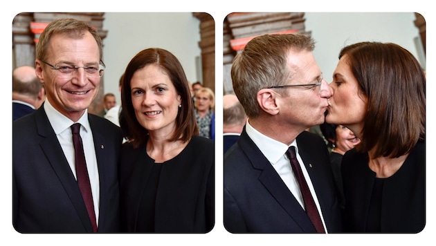 Thomas Stelzer mit seiner Bettina beim Empfang in Linz. Den ersten Kuss für ihn als LH gab´s spät. (Bild: Markus Wenzel (2))