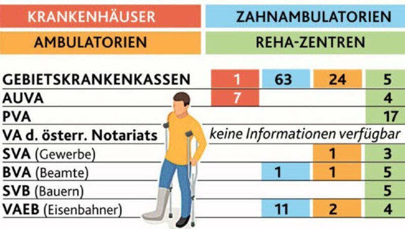 Eigene Einrichtungen der Sozialversicherungsträger (Bild: Krone Grafik, Sozialversicherungsträger)