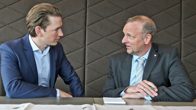 Außenminister Sebastian Kurz (li.) im Gespräch mit "Krone"-Redakteur Markus Gassler. (Bild: Christof Birbaumer/Kronenzeitung)