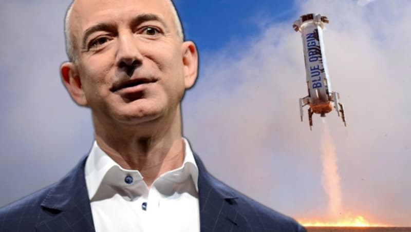 Jeff Bezos lässt in seiner Weltraumfirma Blue Origin wiederverwendbare Raketen entwickeln. Das Unternehmen konkurriert unter anderem mit Elon Musks SpaceX. (Bild: AFP, APA/AFP/BLUE ORIGIN, krone.at-Grafik)