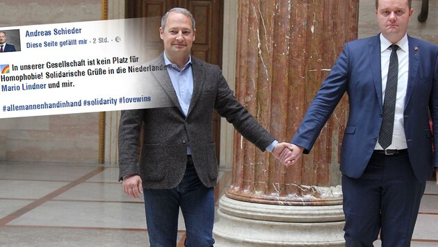 Andreas Schieder und Bundesrat Mario Lindner setzten ein Zeichen gegen schwulenfeindliche Gewalt. (Bild: facebook.com)