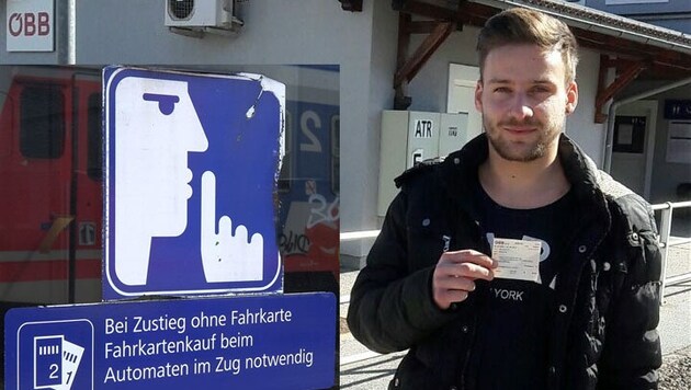 B. Wurzer mit seinem Ticket. Links der Hinweis, der eigentlich Zusteigen ohne Fahrschein erlaubt (Bild: Privat)