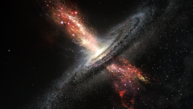 Künstlerische Darstellung: Sterne, die in Winden supermassereicher Schwarzer Löcher entstehen (Bild: ESO/M. Kornmesser)