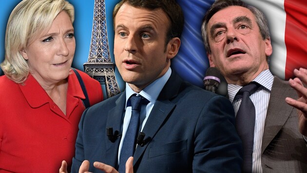 Stehen unter Korruptionsverdacht: Marine Le Pen, Emmanuel Macron, Francois Fillon (v.l.) (Bild: APA/AFP/MARTIN BUREAU, AFP, thinkstockphotos.de)