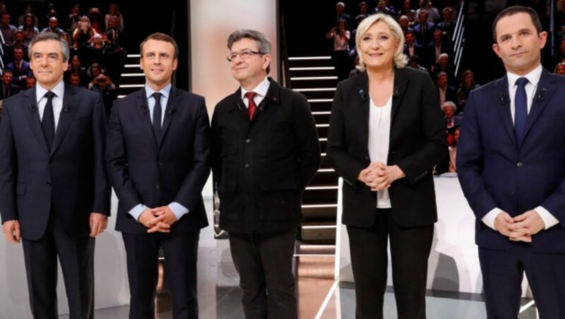 Fillon, Macron, Melenchon, Le Pen und Hamon (v.l.) (Bild: AP)