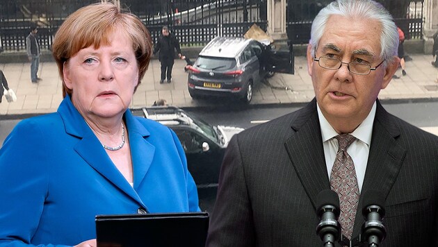 Merkel und US-Außenminister Rex Tillerson zeigten sich entsetzt über den Terroranschlag in London. (Bild: AFP/James West, AP)