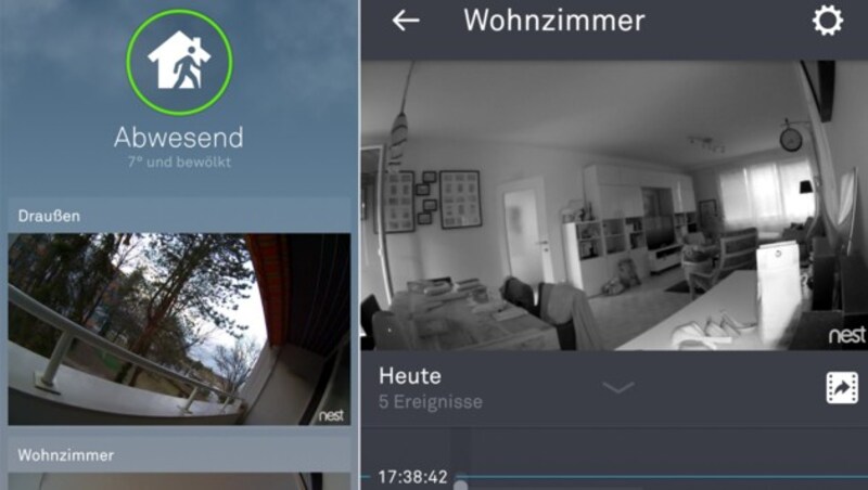 Bei Abwesenheit schalten sich die Kameras auf Wunsch automatisch ein. Rechts: der Nachtmodus. (Bild: Screenshot)
