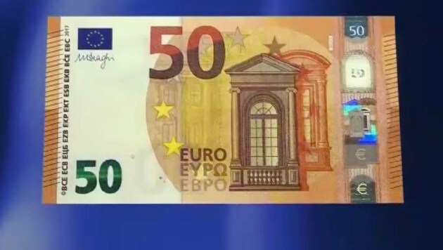 Auf der Vorderseite des neuen Fünfzigers ändert die glänzende Zahl 50 beim Kippen die Farbe. (Bild: EZB)
