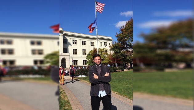 Maxi vor "seiner" American University. Die amerikanische Flagge darf natürlich nicht fehlen. (Bild: Maxi Ortner)