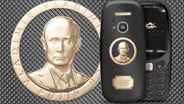 Das "Supremo Putin" von Caviar, ein veredeltes Nokia 3310, wäre eigentlich das optimale Handy für den russischen Präsidenten. (Bild: caviar.ru, krone.at-Grafik)