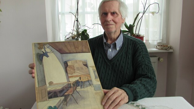 Felix Manzenreiter (82) mit dem Jugendwerk von Klemens Brosch, das er nach vier Jahren zurückbekam. (Bild: Kronen Zeitung)