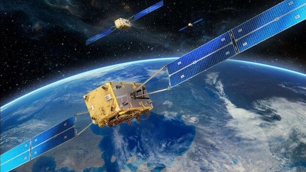 Künstlerische Illustration: „Galileo“-Satelliten im Erdorbit (Bild: ESA/OHG)