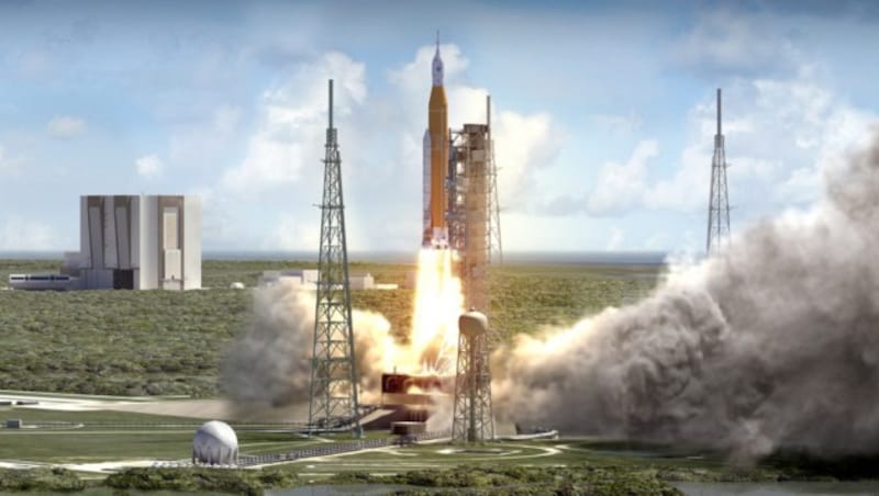 Künstlerische Illustration: Der Start einer SLS-Rakete (Bild: NASA)
