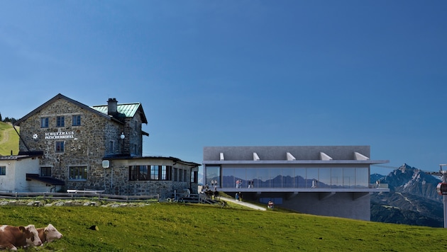 Zehn Meter hoch, 30 Meter lang: Das Stationsgebäude am Kofel wird dem Schutzhaus die Aussicht nehmen. (Bild: Kofelbahnen GmbH)