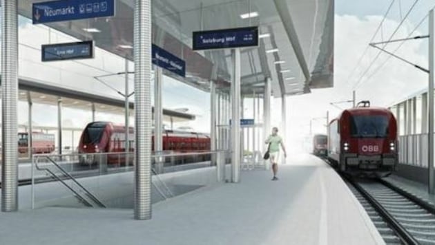So soll der neue Bahnhof in Neumarkt aussehen: Railjets halten (Bild: ÖBB)