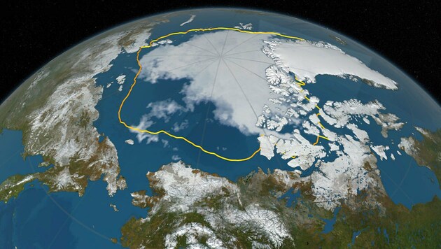 Die gelbe Linie zeigt das durchschnittliche Minimum des Arktiseises. (Bild: NASA Goddard's Scientific Visualization Studio/C. Starr)