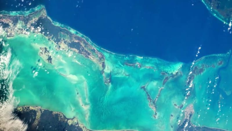 Ein Teil des Belize Barrier Reef vor Belize vom Weltall aus gesehen (Bild: NASA/Jeff Williams)