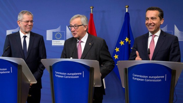 Alexander Van der Bellen, Jean-Claude Juncker und Christian Kern (Bild: AP)
