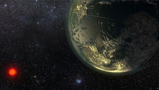 Künstlerische Illustration: Der Exoplanet GJ 411 (links unten sein Stern) (Bild: Ricardo Ramirez)
